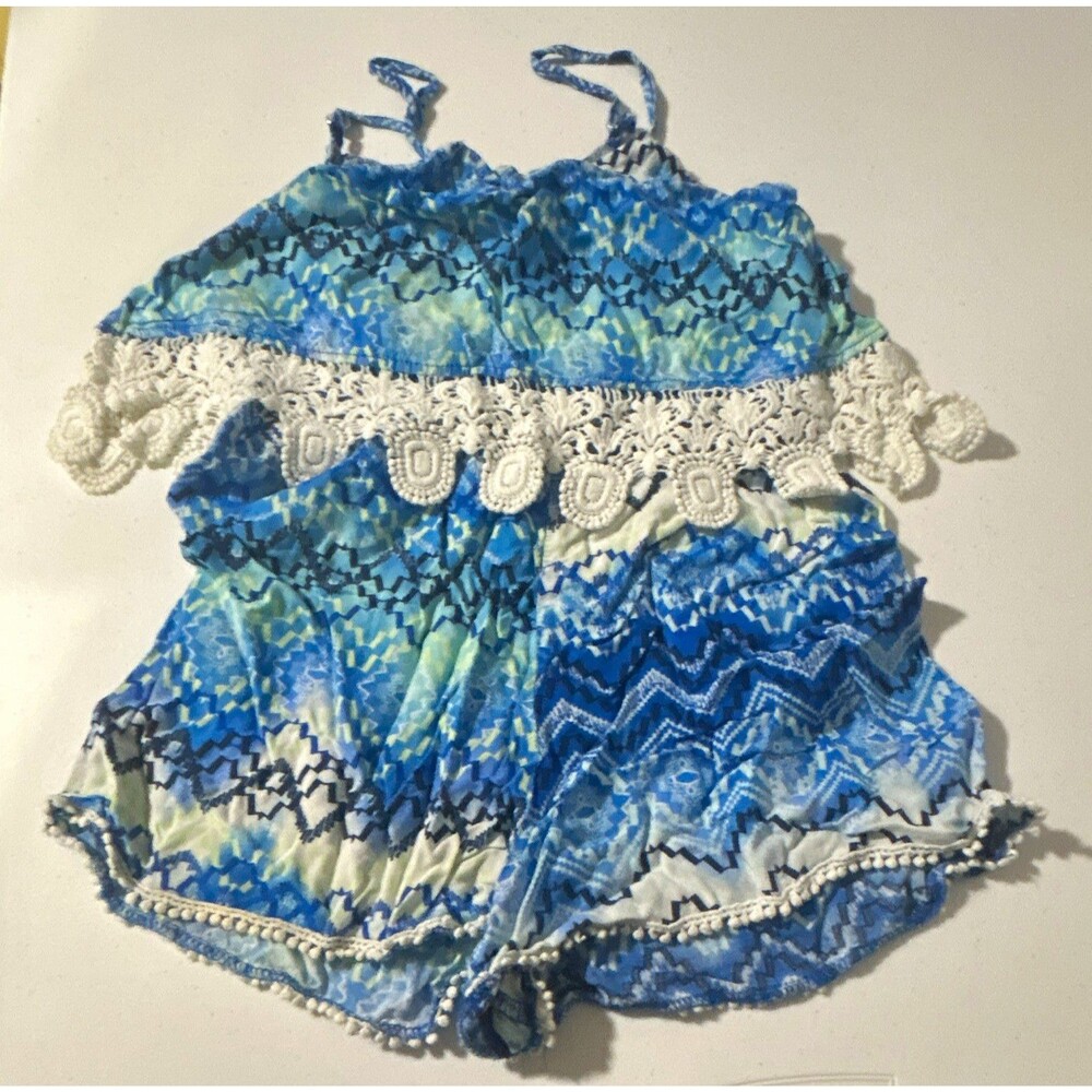 BEAU TEES Girls Size 12 Blue Geometric Sleeveless Romper w/ Lace Trim